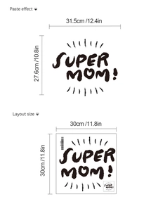 Dettaglio dell'adesivo da parete Super Mom con misure del layout e dimensione finale