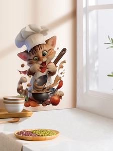 Close-up of a 3D cartoon chef cat wall sticker in a bright kitchen background