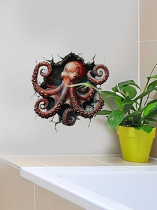 Detail of 3D octopus wall sticker with broken wall effect in bathroom tile setting