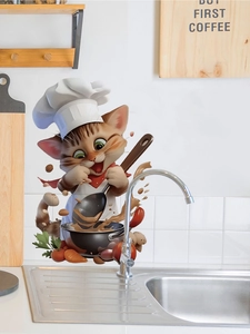 Detail of cartoon cat chef wall sticker on white tile kitchen background