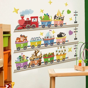 Educational animal number train wall decal set with colorful cartoon railway cars