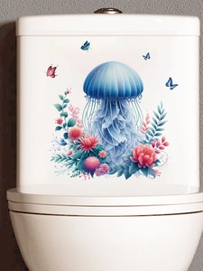 Detailed view of blue jellyfish and pink flowers self-adhesive PVC bathroom sticker