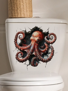Detailed view of 3D octopus wall sticker with realistic tentacles on a ceramic toilet tank