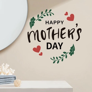 Happy Mother's Day wall decal with red hearts and green leaves for living room decor