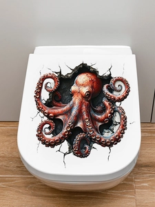 Detail of 3D octopus toilet sticker showing realistic orange tentacles on white ceramic