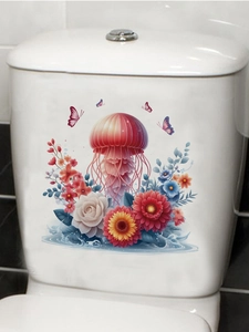 Dettaglio di adesivi con meduse rosa e fiori con farfalle su uno sciacquone in ceramica