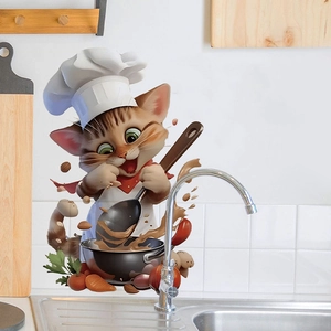 Cartoon chef cat kitchen wall sticker waterproof PVC self-adhesive home decor mural