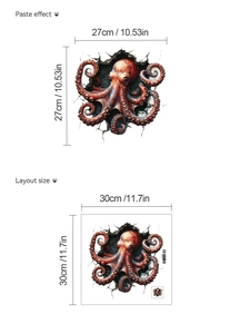 3D octopus wall sticker dimensions showing 27x27cm effect and 30x30cm layout size