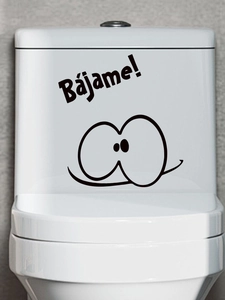 Close-up of funny cartoon eyes and Bájame text on a white bathroom toilet tank cover