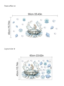 Detail view showing blue mermaid and shell wall decals with layout and paste dimensions