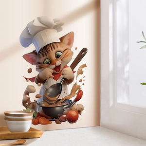 3D cartoon chef cat wall sticker with frying pan and flying vegetables for kitchen decor