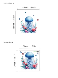 Detailed dimensions of blue jellyfish flower decals showing layout and final paste sizes