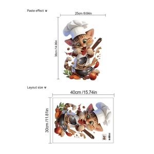 Waterproof PVC kitchen wall sticker featuring a cute cartoon cat chef and vegetables