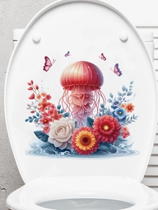 Dettaglio dell'adesivo con meduse rosse, fiori e farfalle su un sedile del water bianco