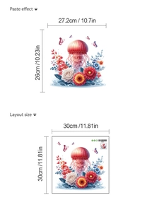 Dettagli su dimensioni e layout dell'adesivo da parete con meduse e fiori colorati
