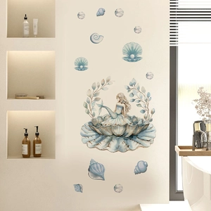 Blue mermaid wall decal with pearl shell on bathroom wall in elegant Morandi style