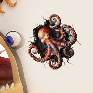 3D wall sticker featuring a realistic orange octopus breaking through white bathroom walls