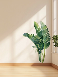 Détail d'un sticker mural feuille de palmier tropical avec style aquarelle dans un salon