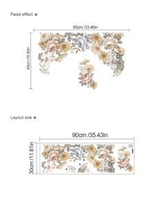 Detail view of yellow floral wall stickers with paste effect and layout dimensions
