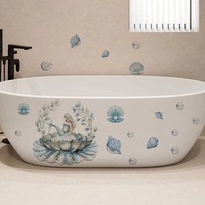 Waterproof blue mermaid and pearl shell wall stickers for bathroom bathtub decoration