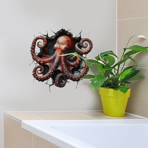 3D broken wall octopus wall sticker, red PVC removable decal for bathroom decor