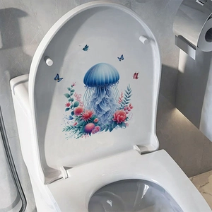 Blue jellyfish and floral butterfly waterproof PVC self-adhesive toilet seat cover sticker