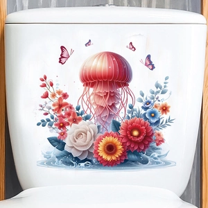 Adesivo per Gabinetto con Medusa Rossa Fiori e Farfalle Impermeabile PVC Autoadesivo Rimovibile per Bagno Decorazione