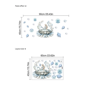 Blue mermaid shell bathroom wall sticker set with pearls and watercolor coral decorations