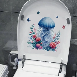 Blue jellyfish and floral butterfly waterproof self-adhesive PVC toilet seat stickers