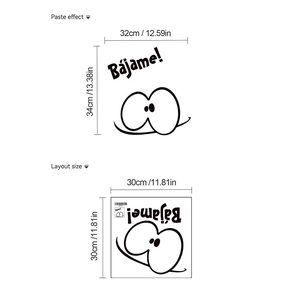 Funny cartoon toilet sticker with Bájame text and size layout dimensions for bathroom decor