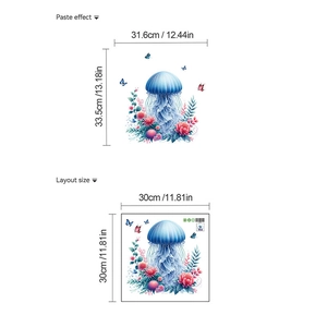 Blue jellyfish and floral wall stickers with butterflies for bathroom decor, 30x30cm