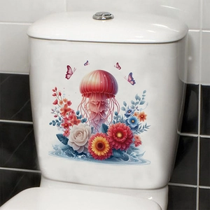 Adesivo per toilette rimovibile con meduse e fiori con farfalle per arredamento bagno