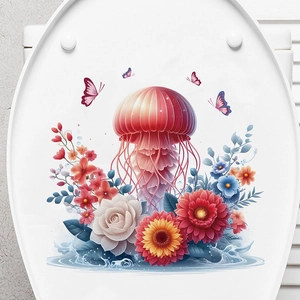 Adesivo per toilette con medusa, motivi floreali rossi e farfalle colorate