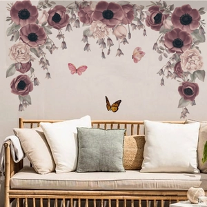 Adesivi Murali Fiori Viola Farfalla PVC Removibile Autoadesivo Viti Floreali Decalcomanie Da Muro Per Soggiorno Camera Da Letto