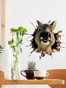 Detailed 3D wall sticker featuring a cute capybara head breaking through the wall surface