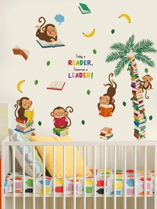 Detailed wall sticker set with monkeys, books, palm tree and motivational quote