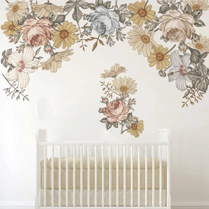 Vintage floral vine wall stickers with yellow roses and leaves for home nursery decoration