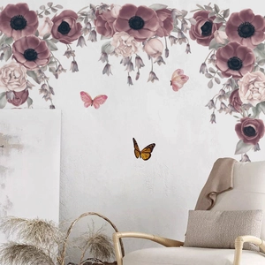 Adesivi murali con fiori viola e farfalle per decorazione soggiorno e camera da letto