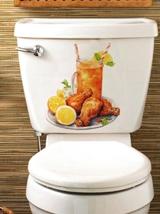 Détail d'un autocollant PVC pour toilettes avec motif réaliste de poulet frit et thé glacé
