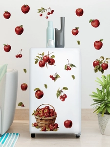 Fruit basket and cherry wall stickers applied on a white refrigerator for home decor