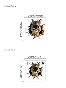 Detail view of 3D capybara wall sticker showing paste effect and layout size dimensions