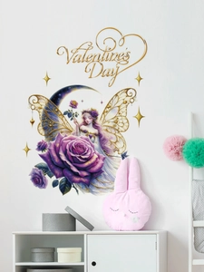 Detail of fairy wall sticker with purple roses and golden butterfly wings for Valentine's Day