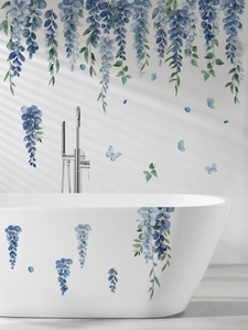 Detail showing waterproof blue wisteria and butterfly wall stickers in a bathroom