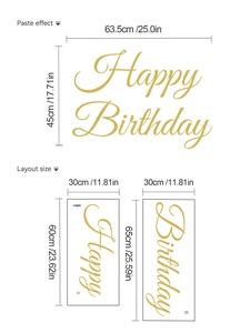 Detailed dimensions and layout size of gold Happy Birthday self-adhesive wall stickers
