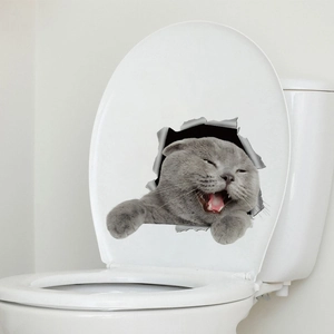 Realistischer 3D Katzen Wandaufkleber mit Brucheffekt auf weißem Toilettendeckel