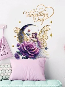 Detail of dreamlike fairy wall sticker with roses, crescent moon and stars for home decor