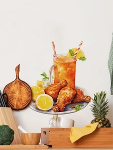 Sticker mural de cuisine avec poulet frit et thé glacé aquarelle sur fond blanc