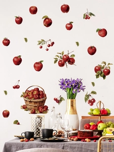 Detailed wall sticker decor showing realistic fruit baskets and red apples on a dining wall
