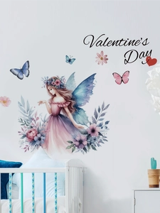 Detail view of flower fairy and butterfly wall stickers in a cozy nursery room setting