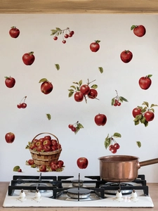 Realistic 3D fruit basket wall stickers with red apples and cherries for kitchen decor